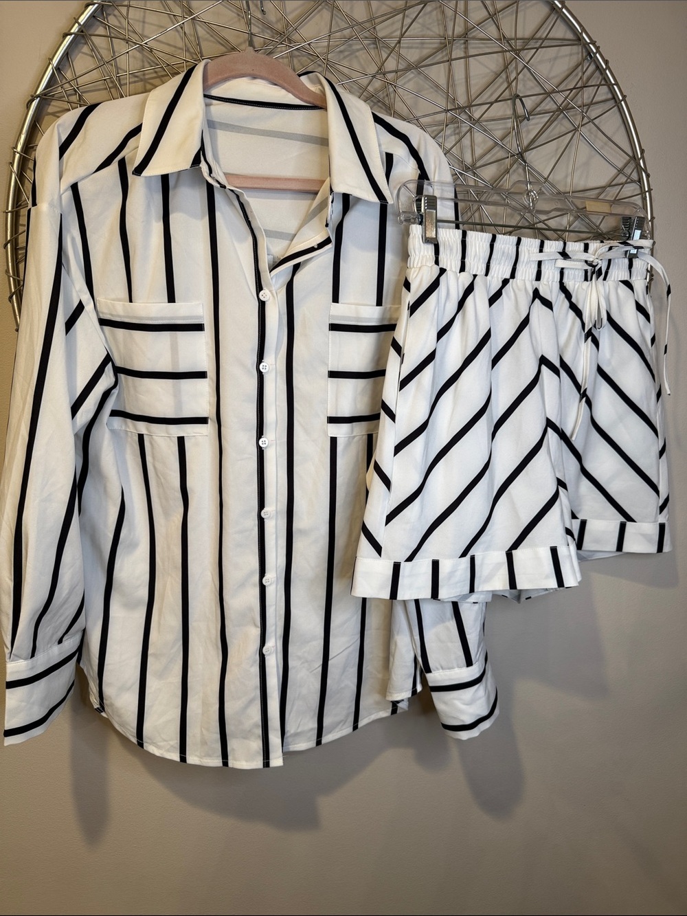 White and Black Vertical Stripe Button-Up Shirt with Matching Shorts